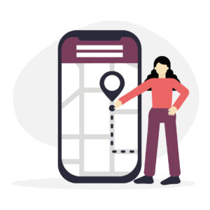 Mobile Map Navigation with Woman – GPS Location Pin Flat Illustration
